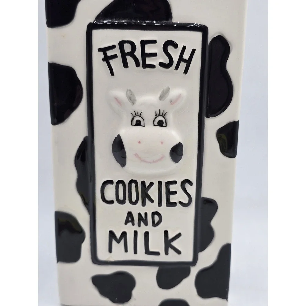 Houston Harvest Cow Print Milk Carton Ceramic Cookie Jar Fresh Cookies and Milk
